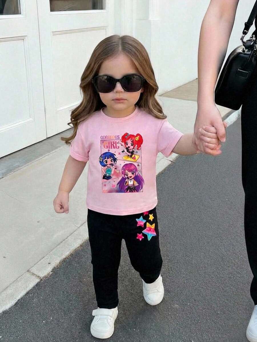 SHEIN 淡紫色，K-POP卡通女孩，可爱女婴休闲简约宽松圆领短袖T恤和喇叭裤两件套，适合秋季穿着，秋季穿搭，轻松舒适，秋冬叠穿，时尚童装，休闲服饰，儿童图案服装，秋季服装，时尚秋季，秋季新款2T女童T恤，女婴图案T恤，街头风女婴图案T恤，女婴服装，女婴夏季衬衫 - 玫紅色 - 查看 1