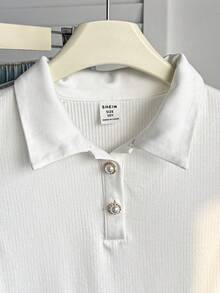 SHEIN Tween Girls' White Knit Ribbed Polo Collar Casual Minimalist Elegant Sleeveless Fitted Tank Top - White - View 4