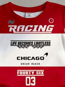 Bộ đồ thể thao đường phố thường ngày cho bé trai, gồm áo thun ngắn tay và quần short kẻ sọc phối màu tương phản hình số 23 và xe đua, thích hợp cho hoạt động ngoài trời, thể thao, đua xe, đua kart, đi học, mùa xuân/hè. - Nhiều màu - Xem 5