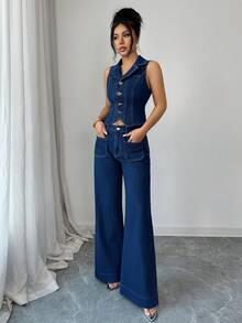 Elenzga Women's Elegant Commuting Casual Versatile Wide Leg Loose Fit Non-Stretch Denim Jeans & Relaxed Fit Denim Top Set - Dark Wash - View 5