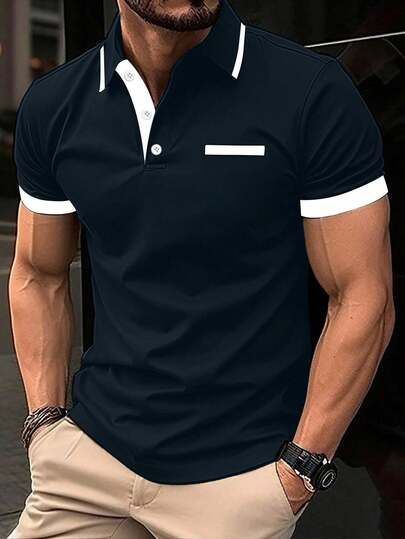 Manfinity Mode Men's Contrast Color Short Sleeve Casual Commuter Polo Shirt