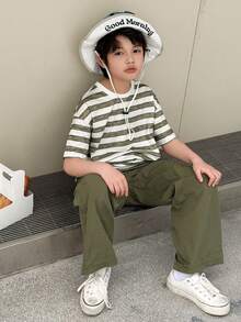 DAZY 青少年男孩条纹圆领短袖T恤和裤子休闲套装 - 綠色 - 查看 1