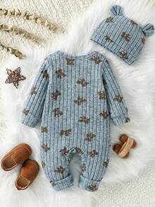 SHEIN 2pcs Baby Boy Set: Ribbed Fabric Bear Print Long Sleeve Romper & 3D Bear Ear Hat, Suitable For Home, Outing, Vacation And Other Occasions - Blue - View 2