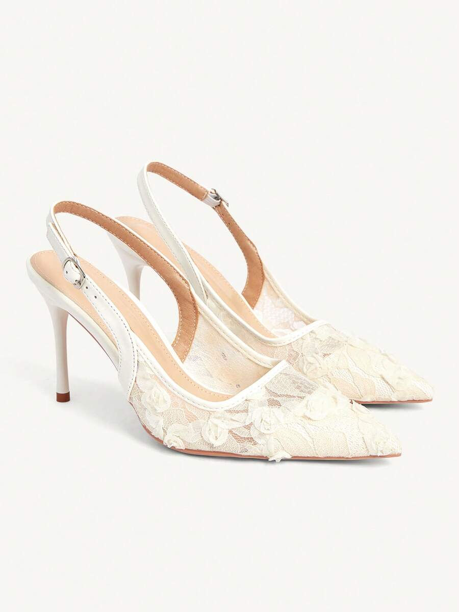 CUCCOO CHICEST 四季新款花朵网纱尖头高跟鞋性感优雅网纱女式高跟鞋露跟性感优雅时尚下午茶派对Hunliji百搭服饰 - 米色 - 查看 1