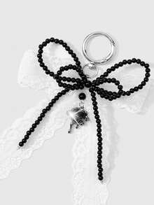 ROMWE Kawaii 1 Acessório Personalizado Estilo Gótico Casual Retrô Y2k, Feito à Mão com Contas Pretas de Resina Redonda, Renda Branca Multicamadas, Laço, Strass Líquido Cercando Pingente de Amor, Anel Simples, Chaveiro, Adequado para Uso Diário de Meninas e Mulheres, Presente de Feriado - Preto e Branco-21 - Visão 11