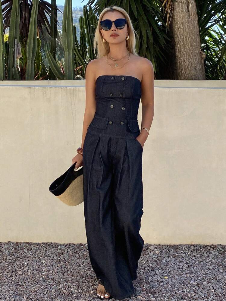 Women's Western Cowgirl Solid Color Fitted Bandeau Top And Wide Leg Pants Casual Vacation Suit, Spring/Summer