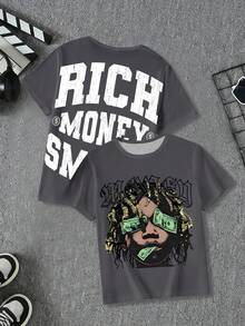 SHEIN Coolqubz Tween Boys' Fashionable Graphic Print Casual Short Sleeve Crew Neck T-Shirt, Summer - Multicolor - View 1