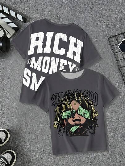 SHEIN Coolqubz 青少年男童时尚印花休闲短袖圆领T恤，夏季