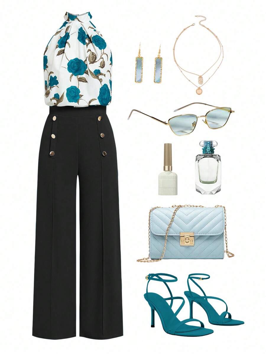 Ellevyn Women's Floral Print Ruched Halter Top And Wide Leg Pants Casual 2-Piece Set - Black - View 1