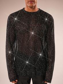 FeverCity 男士时尚性感闪亮透视长袖T恤 - 黑色 - 查看 5