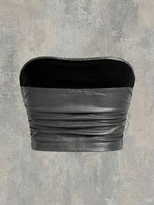 SHEIN EZwear 女士简约纯色褶皱PU抹胸上衣 - 灰色 - 查看 3