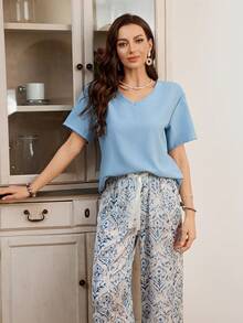 SHEIN Women's Print V-Neck Short Sleeve Pajama Set, Casual Loungewear - Dusty Blue - View 5
