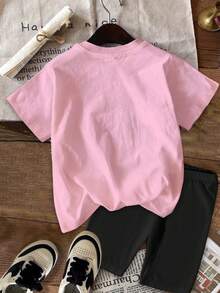 SHEIN 2pcs/Set Young Girl Casual K-Pop Cartoon Character Print, K-Pop Style Printed Clothes, K-Pop Cartoon Figures 2-Piece Set, Pink & Black Matching, Korean Wave Fan Gift, Music, Concert, Fashionable Girls Children Clothing, Boys & Girls Kimetsu No Yaiba Kids Girls Character Shirts Anime Girl Shirt - Multicolor - View 3