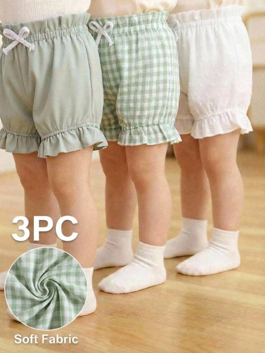 Vintaside Kids 女婴休闲度假三件套,白色、绿色和格子图案,梭织面料。适合夏季穿着,腰部和裤脚饰有荷叶边和打结细节,时尚甜美又俏皮。宽松版型,适合日常穿着、购物及其他场合。 - 綠色 - 查看 1