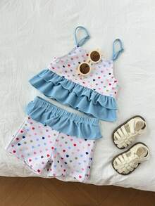 Dazy Kids Bộ đồ bơi 2 mảnh in hình trái tim, viền bèo nhún dành cho bé gái - Màu xanh lam - Xem 6