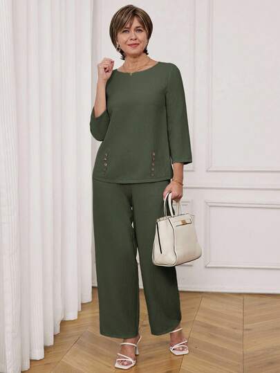 Miaspire 2pcs Women Solid Color Crew Neck Long Sleeve Top And Wide Leg Pants Casual Outfit Pants And Top Set Blouse And Pants Set Green Set Women 2 Piece Casual Sets Woman Olive Green Outfit Women