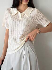 DAZY 女士夏季 Polo 领短袖纹理休闲 T 恤 - 米色 - 查看 5