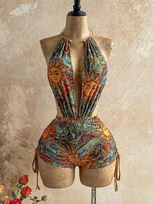 Soleia Women's Halter Tie Backless Ruched Sunflower Print Sexy Romper For Vacation, Date, Outing - Multicolor - View 6