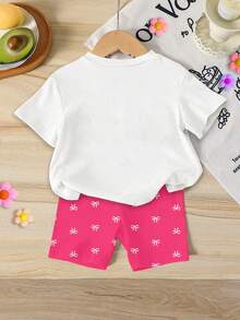 SHEIN 两件套女婴休闲可爱草莓蝴蝶结短袖T恤和修身蝴蝶结短裤套装，适合夏季、上学、居家、户外活动，可爱夏季女婴服装，韩版风格 - 彩色 - 查看 2