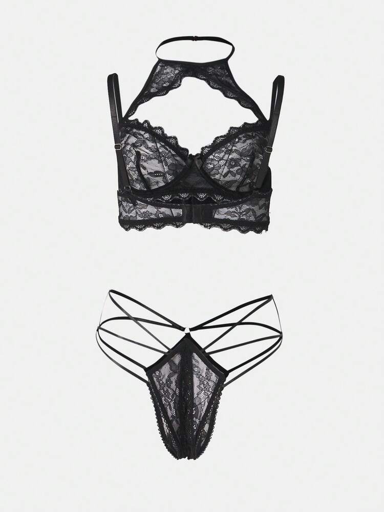 MISSGUIDED Lace Halter Neck Bralette With Cut Out Details And Strappy Crotchless Panty Intimate Lingerie Set