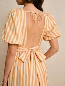 Poéselle Women's Orange And White Striped Puff-Sleeve Maxi Dress,Backless Tie-Bow Waist Elegant Summer Vacation Holiday Beach Sundress,Flowy A-Line Boho Outfit - Pale Yellow - View 8