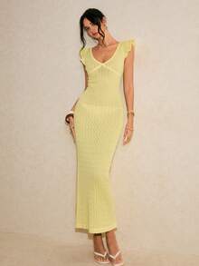 Poéselle New Slim-Fit Delicate French Style Knit Dress With Flutter Sleeves, Elegant & Intellectual, Light Yellow, Spring/Summer - Yellow - View 4