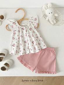 Cozy Pixies Bộ đồ 2 món cho bé gái: Áo cardigan tay ngắn in hoa và quần short cạp chun màu trơn. - Hồng - Xem 2