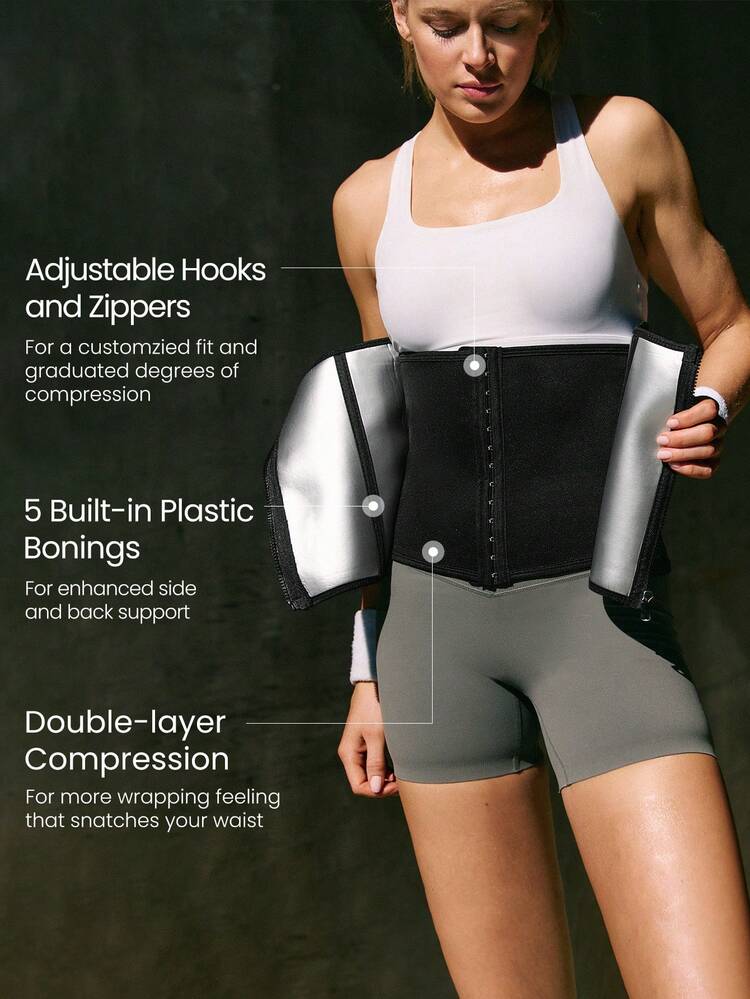 Augmentez la chaleur Ceinture de maintien de la taille amincissante et respirante avec fermetures à glissière et crochets réglables. Double couche de compression pour induire la transpiration. Idéal pour la gym, les activités quotidiennes et les entraînements.