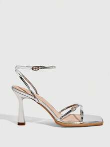 CUCCOO SZL 女士新款方头细高跟银色露趾踝带交叉绑带时尚性感百搭高跟凉鞋 - 銀色 - 查看 2