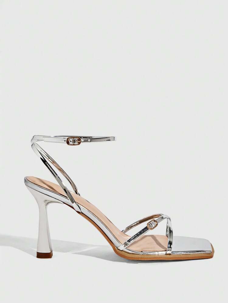 CUCCOO SZL Women's New Square Toe Thin High Heel Silver Open Toe Ankle Strap Criss-Cross Strap Fashionable Sexy Versatile High Heel Sandals Spring Shoes
