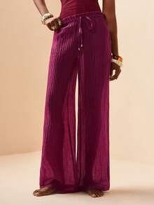 Zivah 2026春夏新品，适合情人节、音乐节、复活节、西部风、游牧风、波西米亚风、纳什维尔风、派对、晚宴、约会、聚会等场合。可调节腰围，荷叶边腰带设计，优雅宽松半透明沙滩罩衫及裤子套装。 - 酒紅色 - 查看 3