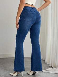 SHEIN Cottnline Plus Size Women Pockets Button Slim Fit Flared Jeans, Versatile For Daily Wear - Dark Wash - View 2