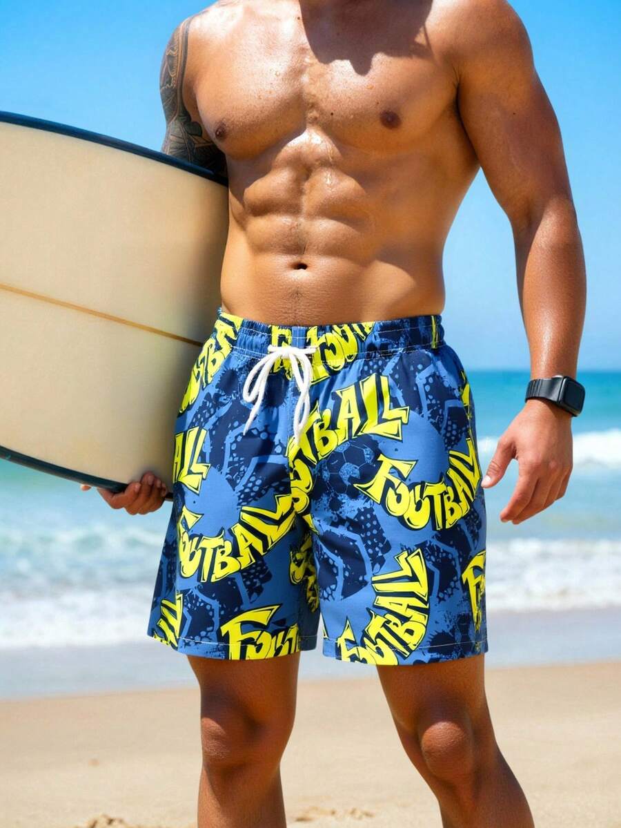 Surfspeed 男士夏季度假风全字母印花抽绳腰斜插口袋宽松沙滩短裤 - 藍色 - 查看 1