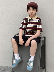 DAZY Camiseta de manga corta con cuarto de botón y rayas para niños preadolescentes en verano - Marrón - Ver 8