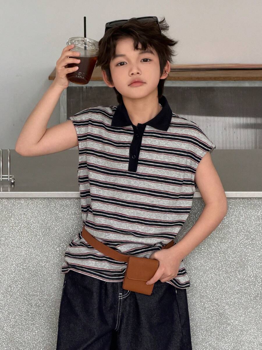 DAZY Áo thun tay ngắn cổ polo kẻ sọc dành cho bé trai tuổi teen - Màu xanh hải quân - Xem 1