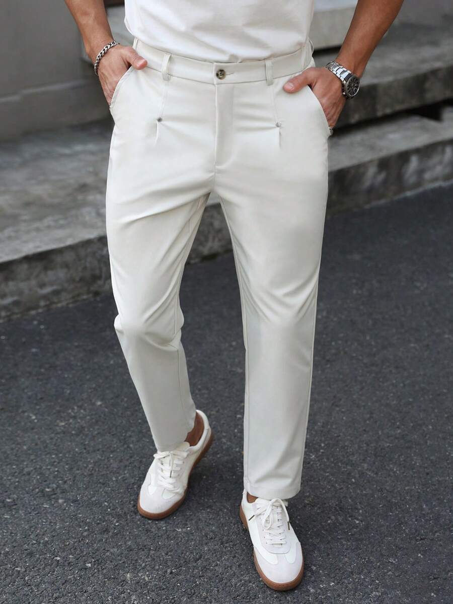Manfinity Bizformal 男士休闲通勤纯色口袋西装裤 - 淺灰色 - 查看 1