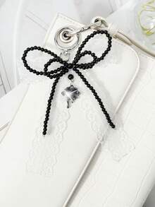 ROMWE Kawaii 1 Acessório Personalizado Estilo Gótico Casual Retrô Y2k, Feito à Mão com Contas Pretas de Resina Redonda, Renda Branca Multicamadas, Laço, Strass Líquido Cercando Pingente de Amor, Anel Simples, Chaveiro, Adequado para Uso Diário de Meninas e Mulheres, Presente de Feriado - Preto e Branco-21 - Visão 10