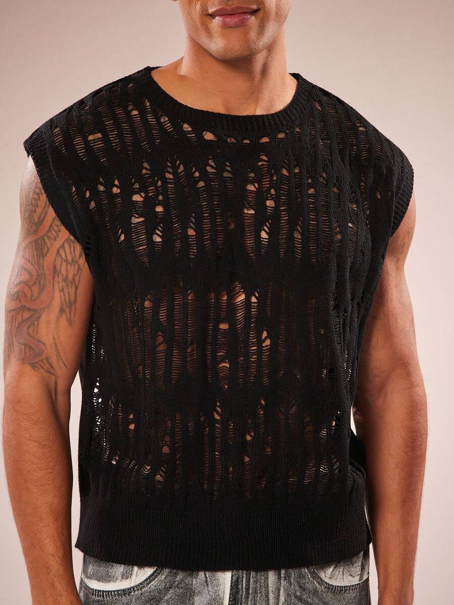 FeverCity Solid Color Crew Neck Sleeveless Hollow-Out Knit Sweater, Versatile For Summer - Black - View 1