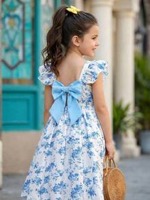 Elladie kids Tween Girls' Fashion Butterfly Print Cap Sleeve Dress - Blue - View 3
