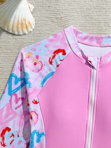 SHEIN New Fashion Girls Patchwork Print Swimsuit Set - Pink - View 4