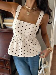 Serisse 女士休闲波点印花露背系带吊带背心，夏季 - 杏色 - 查看 4