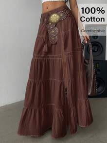 Siren Gaze 2025 波西米亚风沙滩裙 - 高开衩亚麻混纺多层长裙，松紧腰带，蕾丝边饰，音乐节必备及度假穿搭 | 夏季A字裙套装，女士夏季穿搭，女士度假穿搭，女士沙滩装，棉质半身裙，波西米亚风半身裙，多层长裙，长裙，波西米亚风长裙，夏季长裙，女士半身裙，女士度假套装，棉质女装，波西米亚风套装，女士夏季穿搭，女士两件套休闲装 - 棕色 - 查看 2