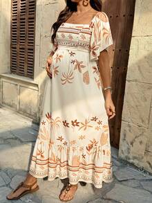 SHEIN Maternity Square Neck Ruffle Hem Vintage Fashion Summer Dress Boho Women Vacation Mediterranean Style Mexican Italian Clothes - Multicolor - View 6