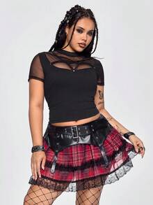 ROMWE Grunge Punk 大码 Y2K 朋克格子 PU 拼接迷你喇叭裙 - 酒紅色 - 查看 4