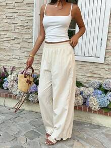 SHEIN Frenchy 女士纯色弹力腰直筒宽松休闲裤 - 杏色 - 查看 4