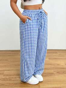 SHEIN EZwear 浅蓝色加大码休闲格子松紧腰宽松裤 - 淺藍色 - 查看 3