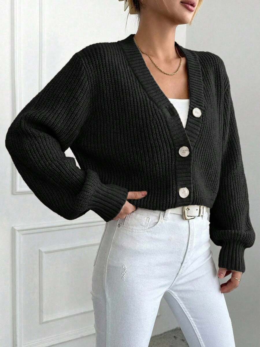 EURMUSE Solid Color V-Neck Dropped Shoulder Front Button Ribbed Cardigan - Black - View 1