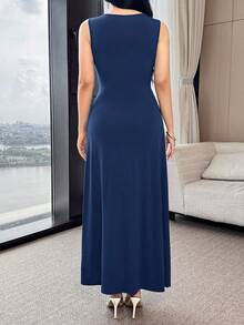 Feyla Waist Ruched Metal Decor Cinched Waist Elegant Cocktail Party & Work Versatile Dress - Navy Blue - View 7