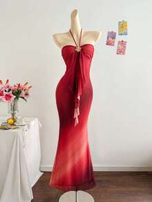 Soleia 大码女士度假针织网纱渐变浪漫修身露背系带金属扣装饰鱼尾长裙，适合派对、约会、下午茶等场合，性感优雅 - 彩色 - 查看 1