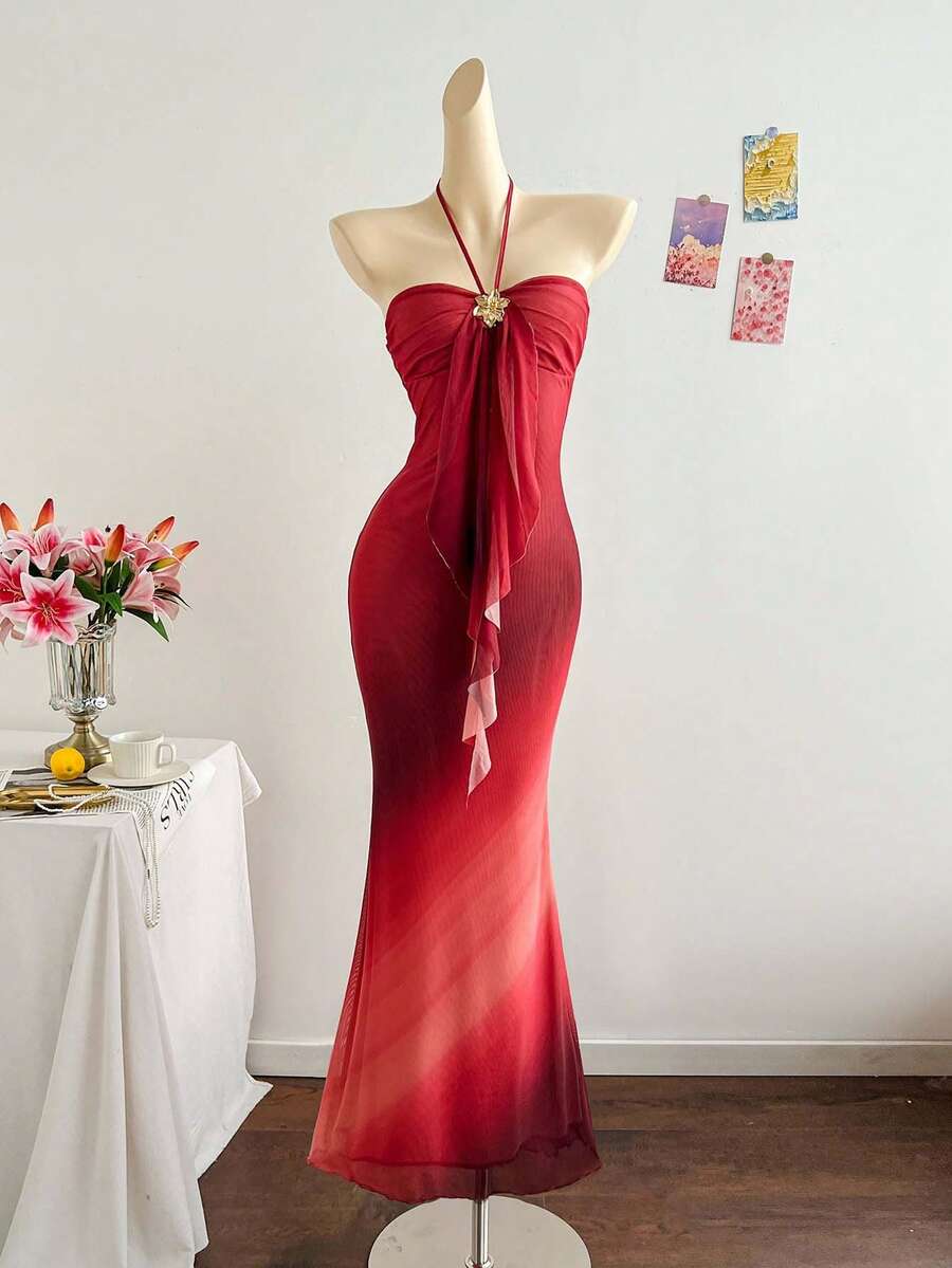 Soleia 大码女士度假针织网纱渐变浪漫修身露背系带金属扣装饰鱼尾长裙，适合派对、约会、下午茶等场合，性感优雅 - 彩色 - 查看 1